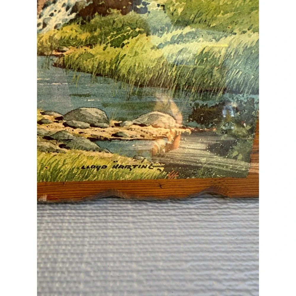 Vintage Lloyd Harting Wood Plaque Water Mill Landscape Art Chas E Lusk MFG CO